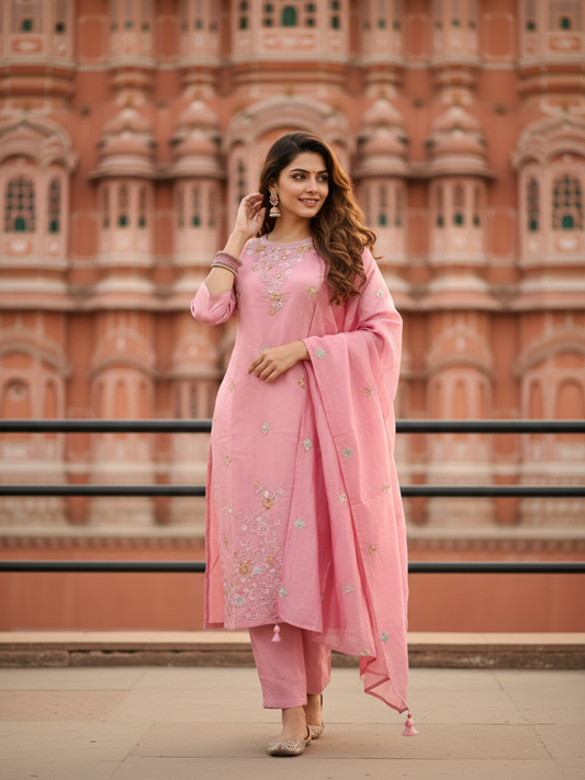 Solid Sequin & Embroidered Straight Chanderi Kurta with Pant & Dupatta - Rose