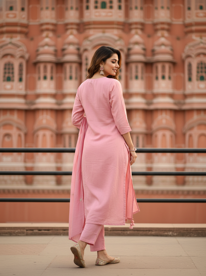 Solid Sequin & Embroidered Straight Chanderi Kurta with Pant & Dupatta - Rose