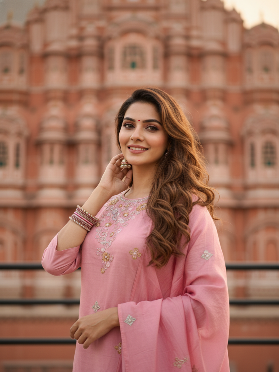 Solid Sequin & Embroidered Straight Chanderi Kurta with Pant & Dupatta - Rose
