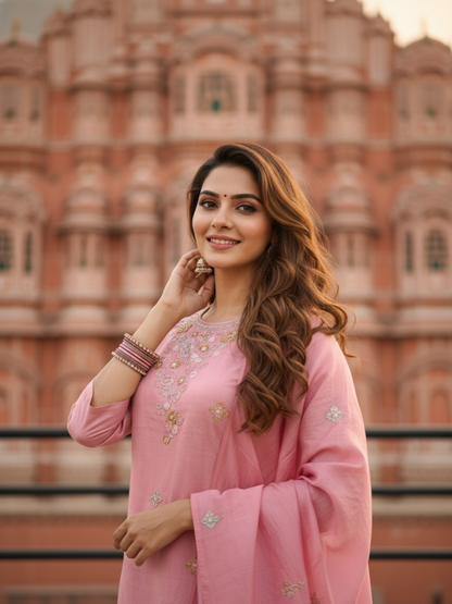 Solid Sequin & Embroidered Straight Chanderi Kurta with Pant & Dupatta - Rose
