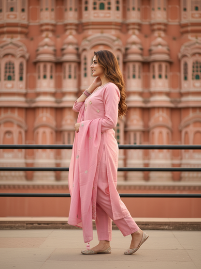 Solid Sequin & Embroidered Straight Chanderi Kurta with Pant & Dupatta - Rose