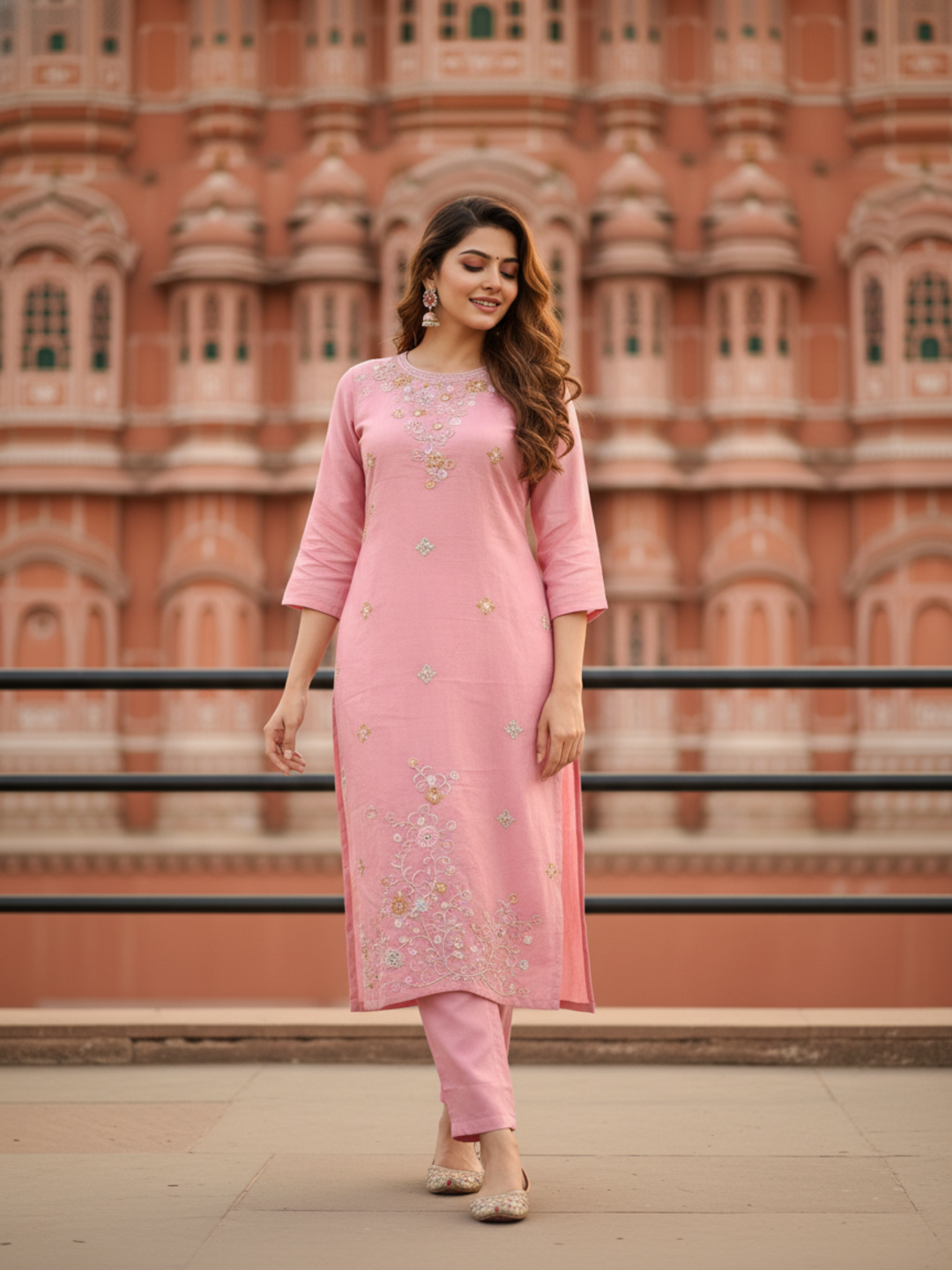 Solid Sequin & Embroidered Straight Chanderi Kurta with Pant & Dupatta - Rose