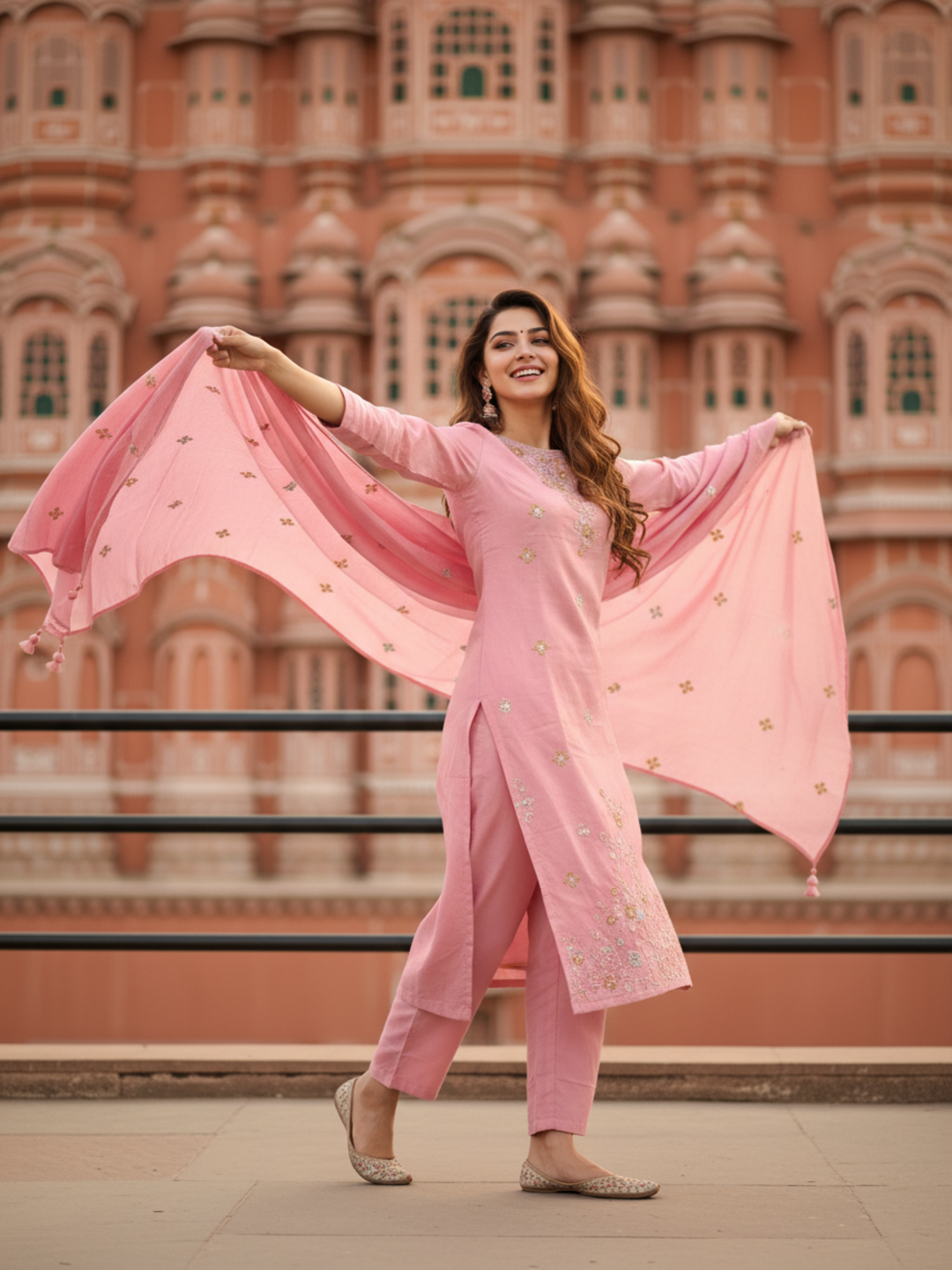 Solid Sequin & Embroidered Straight Chanderi Kurta with Pant & Dupatta - Rose