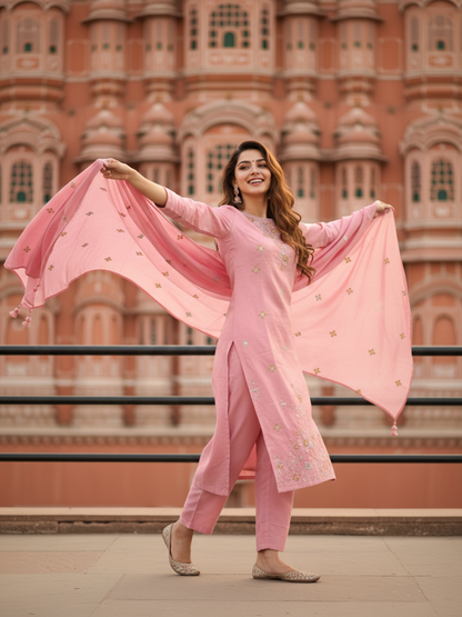 Solid Sequin & Embroidered Straight Chanderi Kurta with Pant & Dupatta - Rose