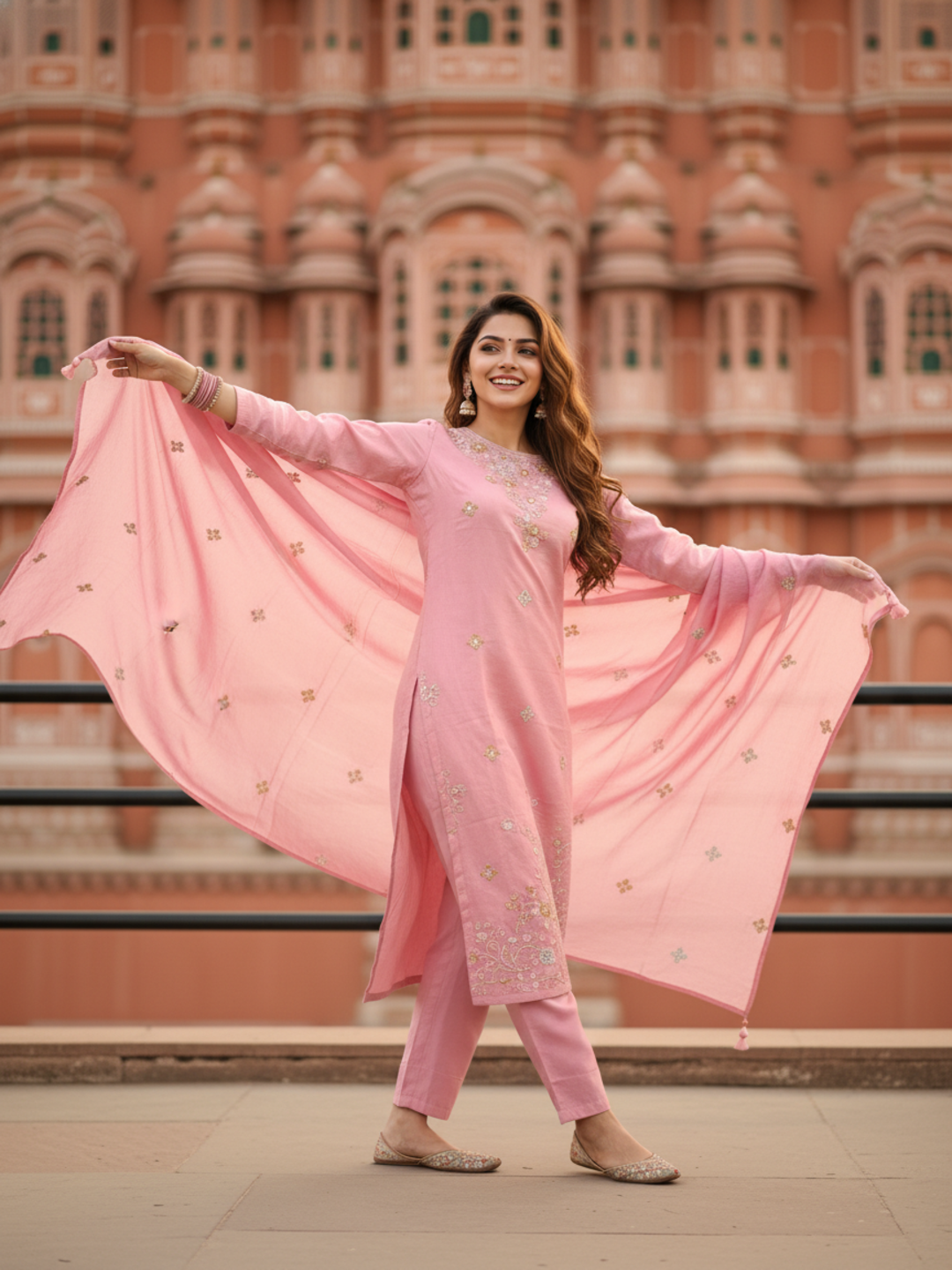 Solid Sequin & Embroidered Straight Chanderi Kurta with Pant & Dupatta - Rose