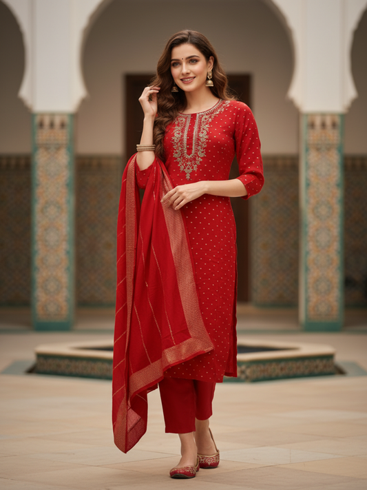 Solid Gota Patti & Sequin Embellished Straight Kurta with Pant & Dupatta - Red