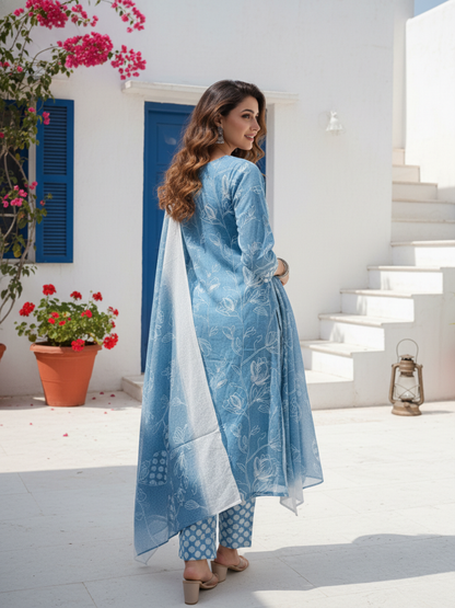 Floral Printed Mirror Work, Sequin & Embroidered Straight Kurta with Pant & Dupatta - Blue