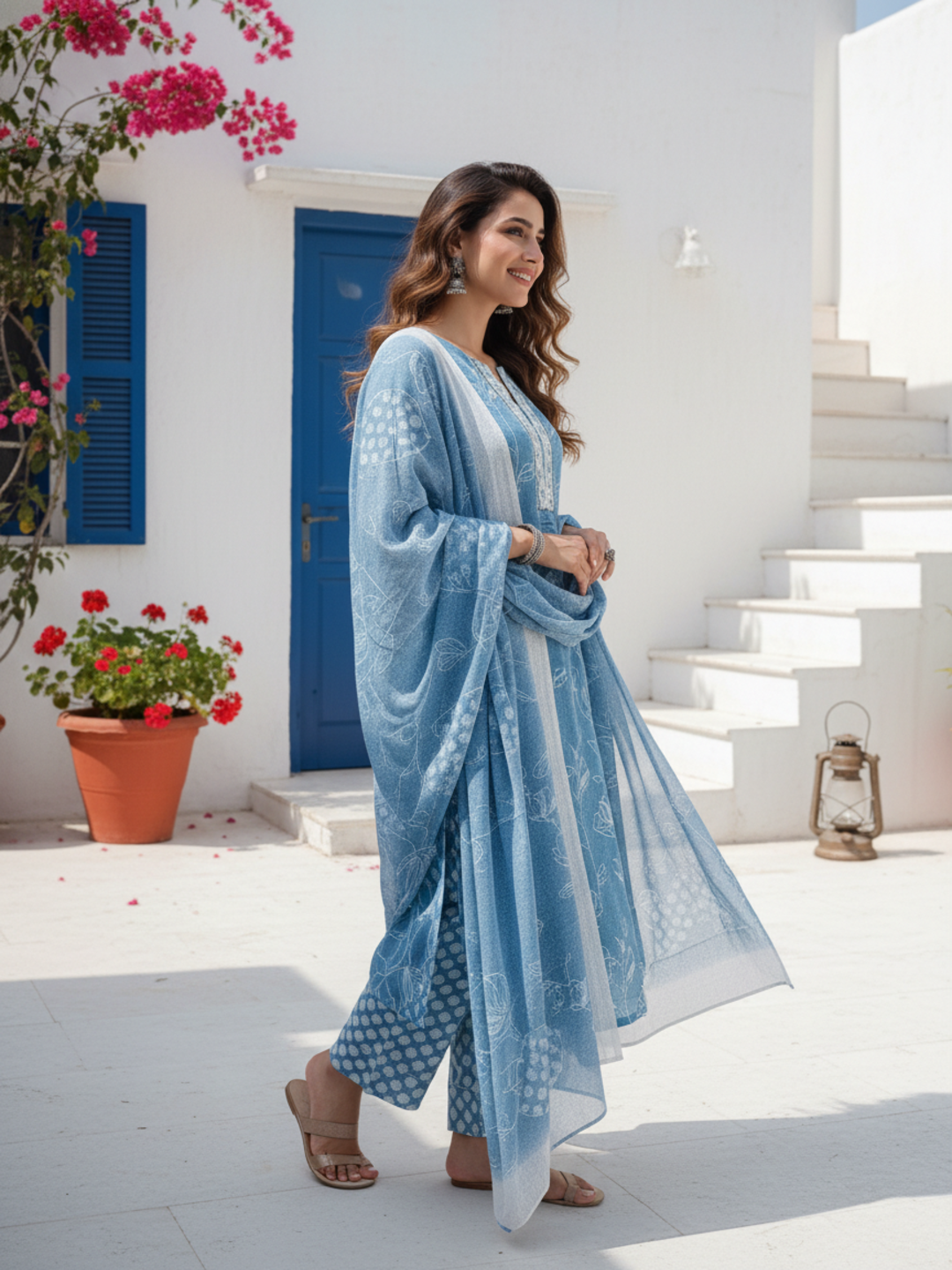 Floral Printed Mirror Work, Sequin & Embroidered Straight Kurta with Pant & Dupatta - Blue