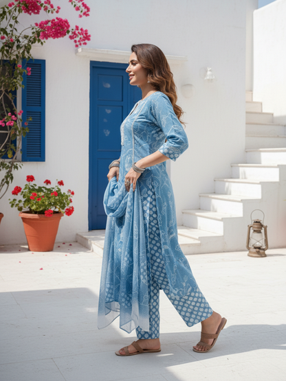 Floral Printed Mirror Work, Sequin & Embroidered Straight Kurta with Pant & Dupatta - Blue