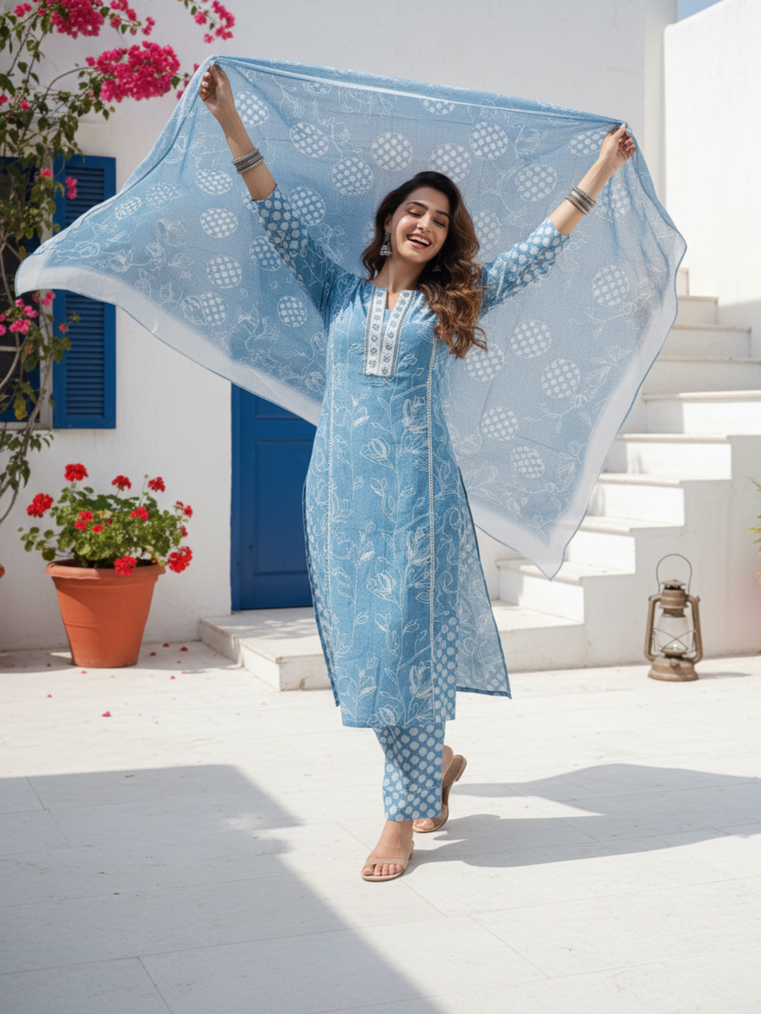 Floral Printed Mirror Work, Sequin & Embroidered Straight Kurta with Pant & Dupatta - Blue