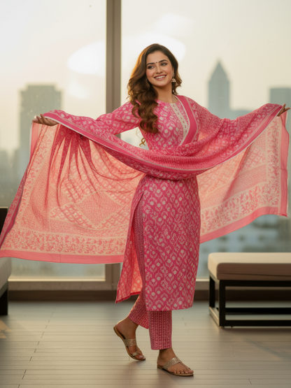 Floral Printed Schiffili Embellished Straight Kurta with Pant & Dupatta - Pink