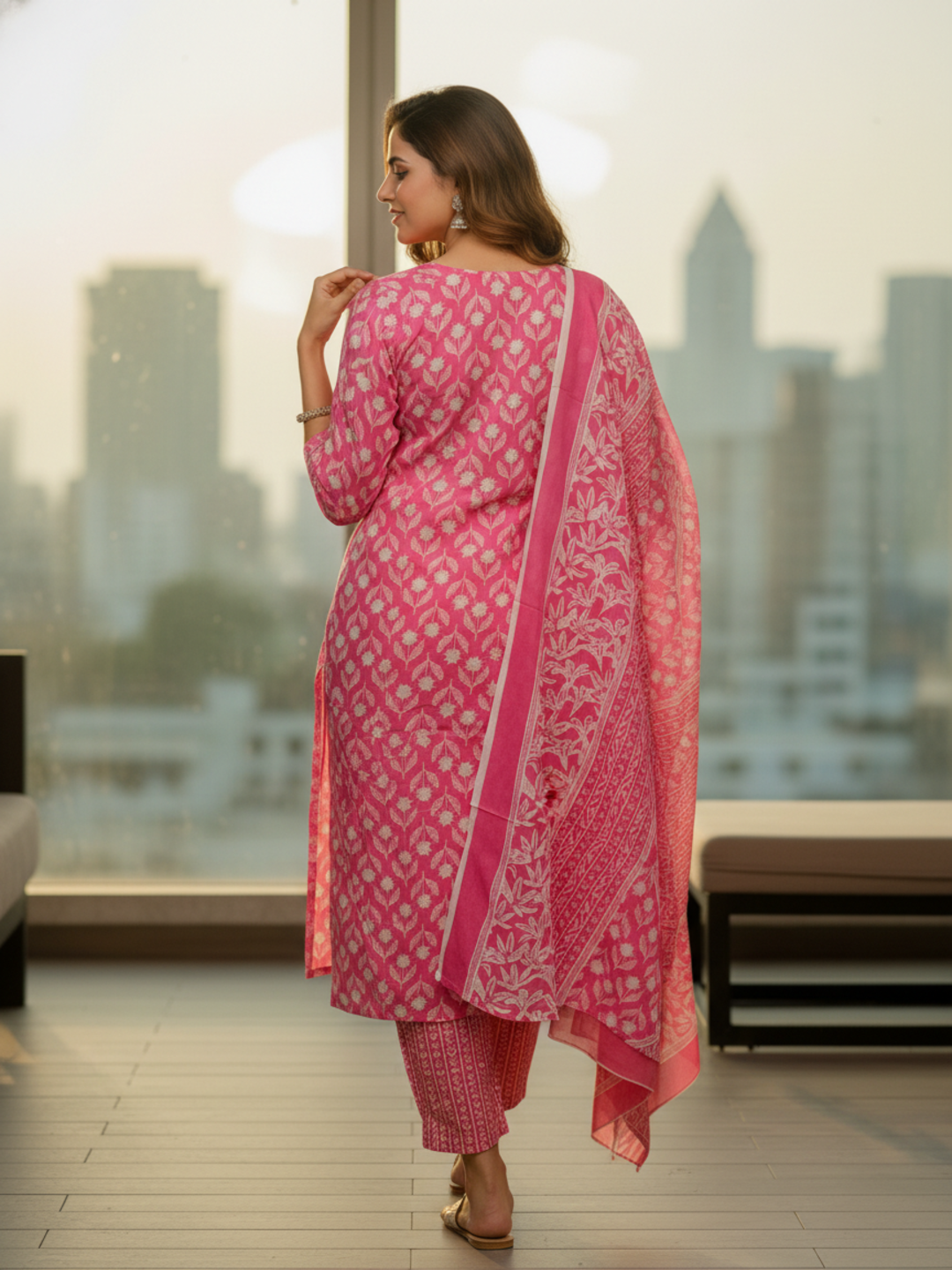 Floral Printed Schiffili Embellished Straight Kurta with Pant & Dupatta - Pink
