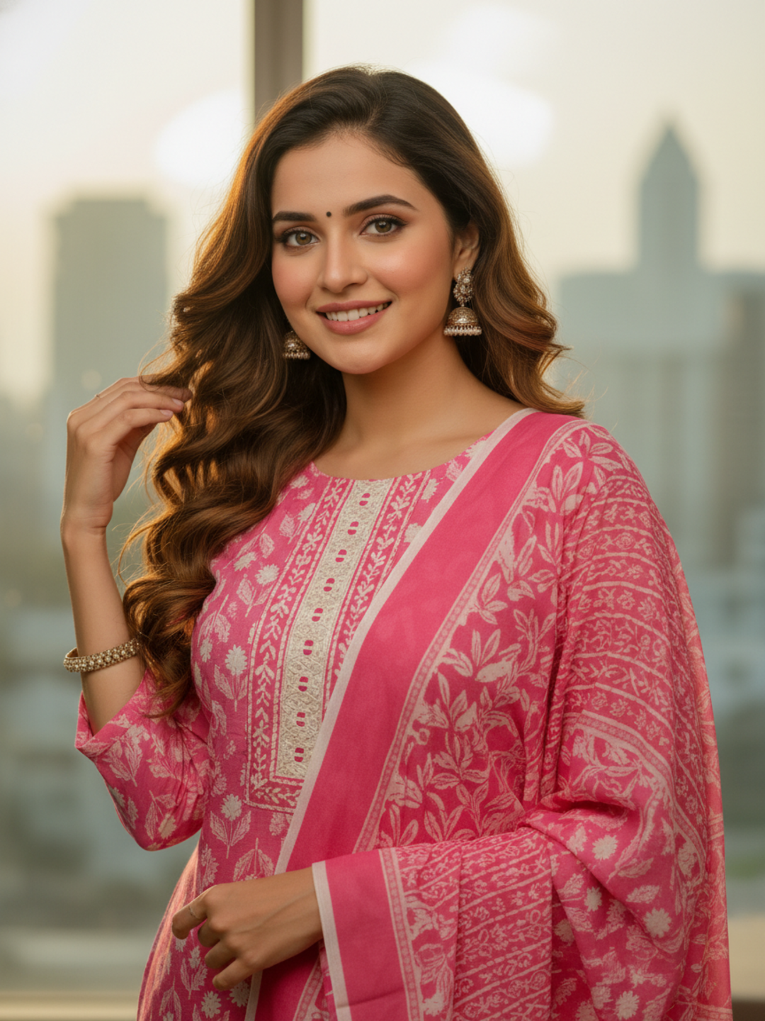 Floral Printed Schiffili Embellished Straight Kurta with Pant & Dupatta - Pink