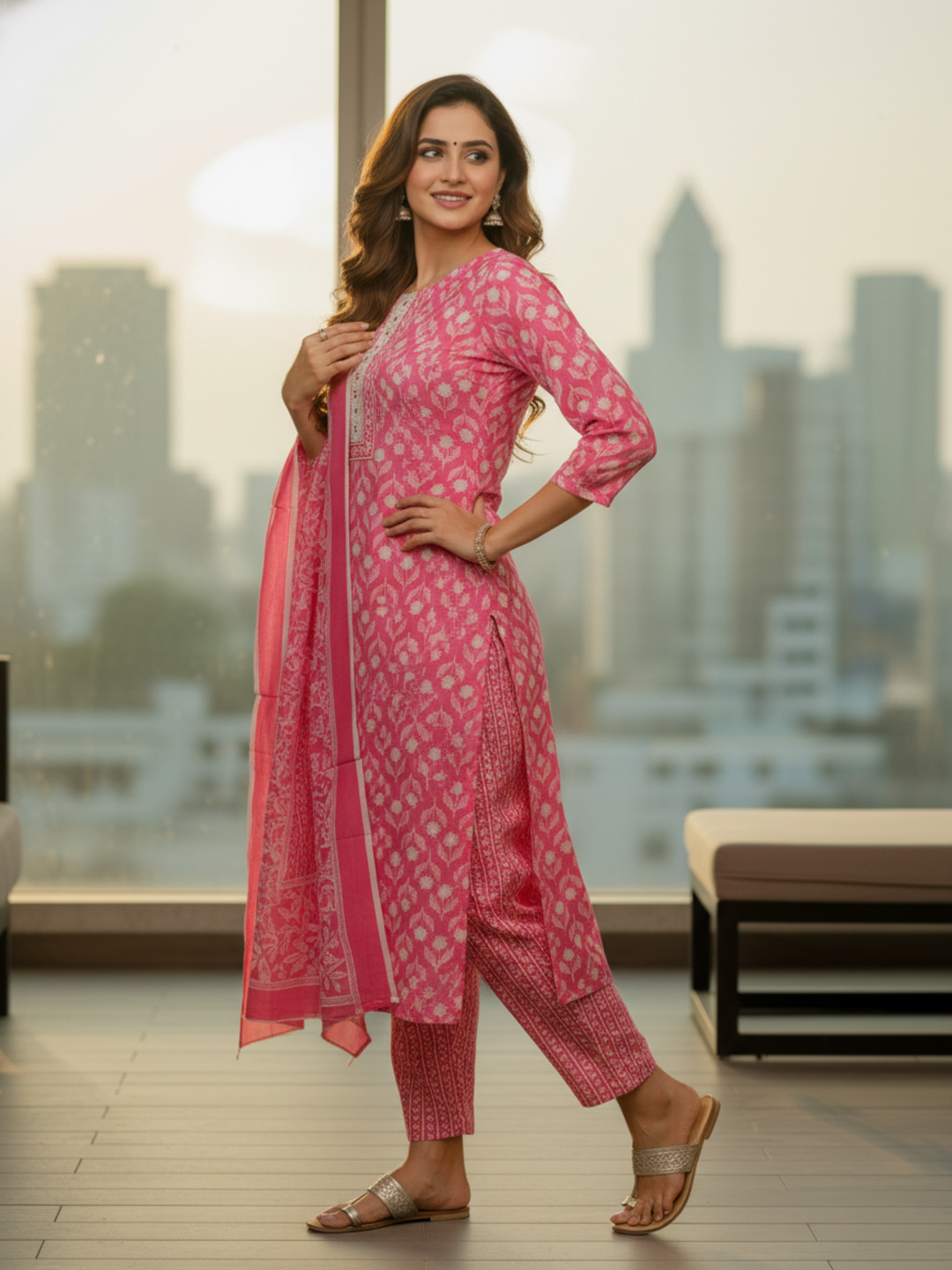 Floral Printed Schiffili Embellished Straight Kurta with Pant & Dupatta - Pink