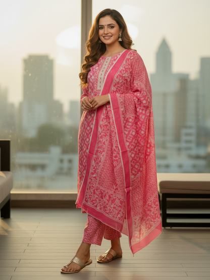 Floral Printed Schiffili Embellished Straight Kurta with Pant & Dupatta - Pink