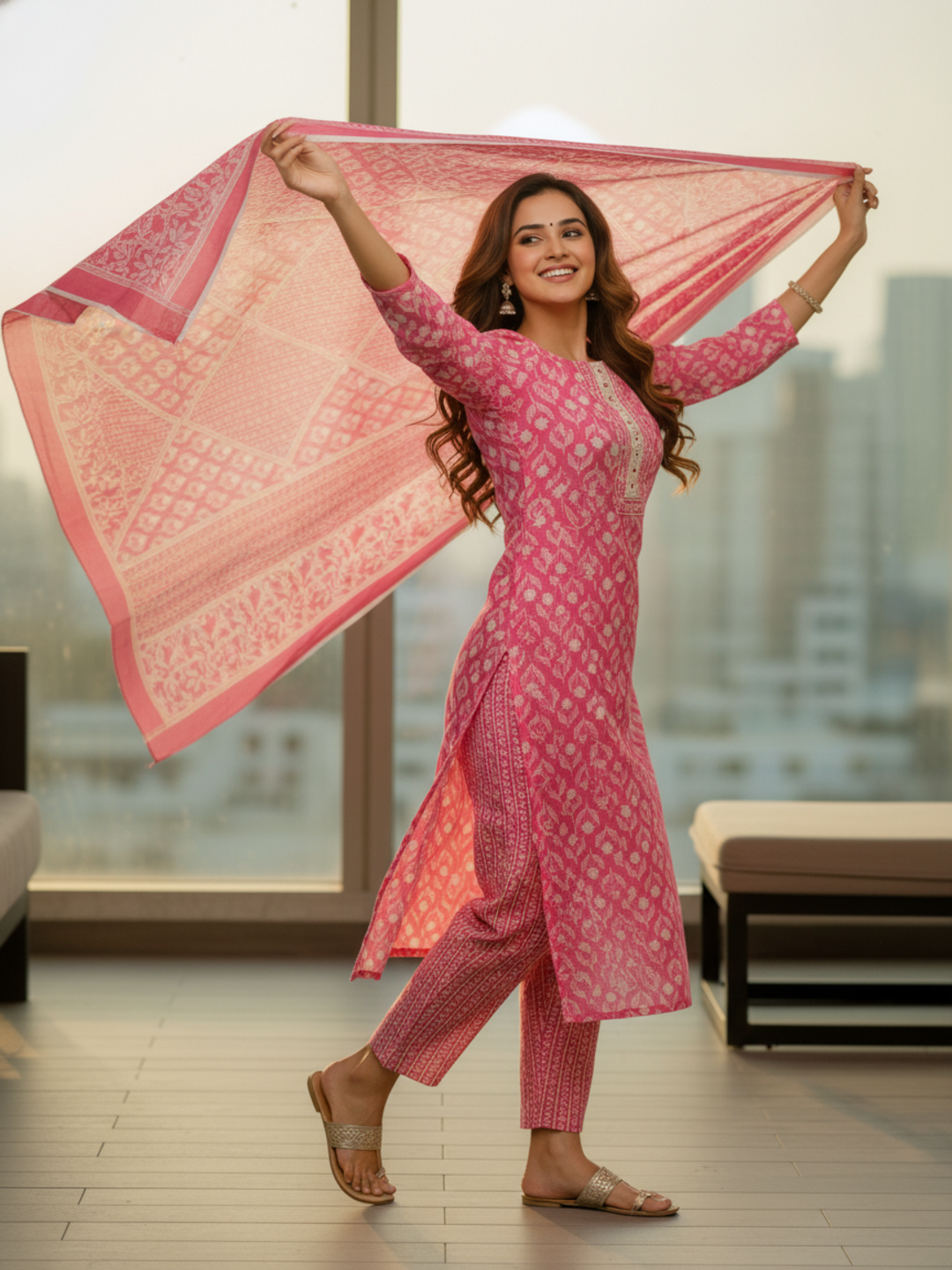 Floral Printed Schiffili Embellished Straight Kurta with Pant & Dupatta - Pink
