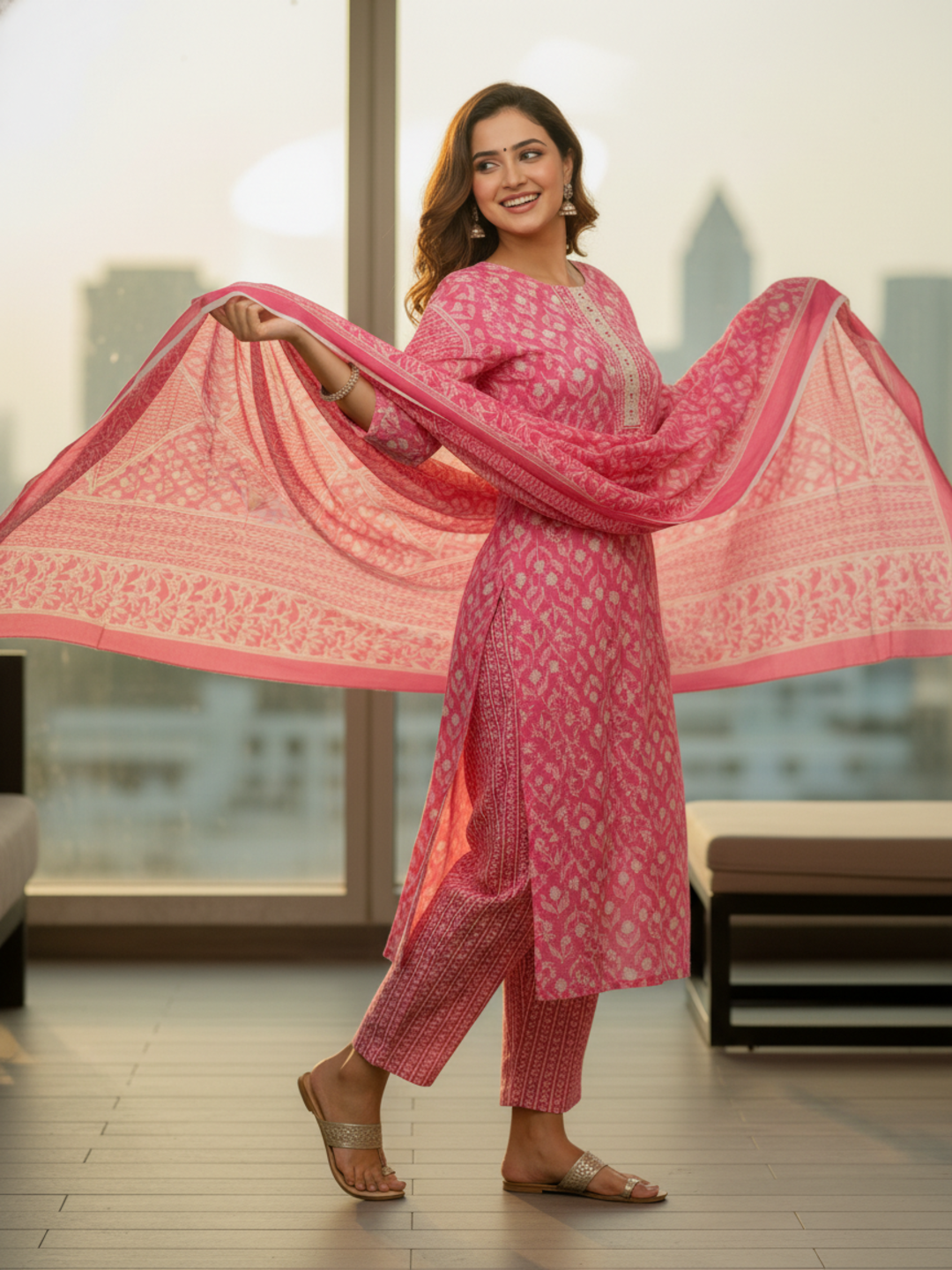 Floral Printed Schiffili Embellished Straight Kurta with Pant & Dupatta - Pink