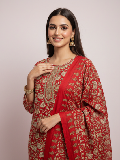 Ethnic Printed Mirror Work & Embroidered Straight Kurta with Pant & Dupatta - Red