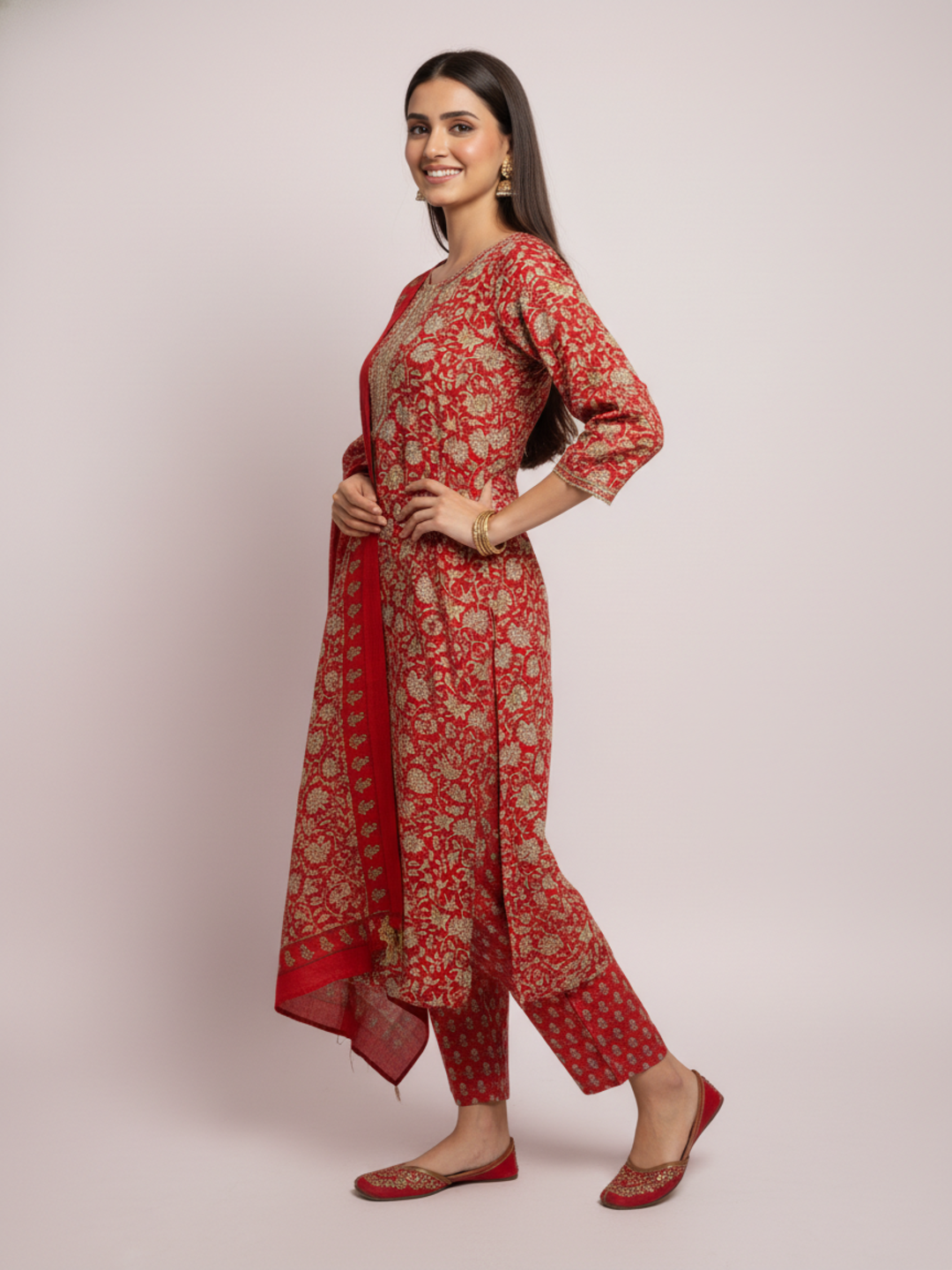Ethnic Printed Mirror Work & Embroidered Straight Kurta with Pant & Dupatta - Red