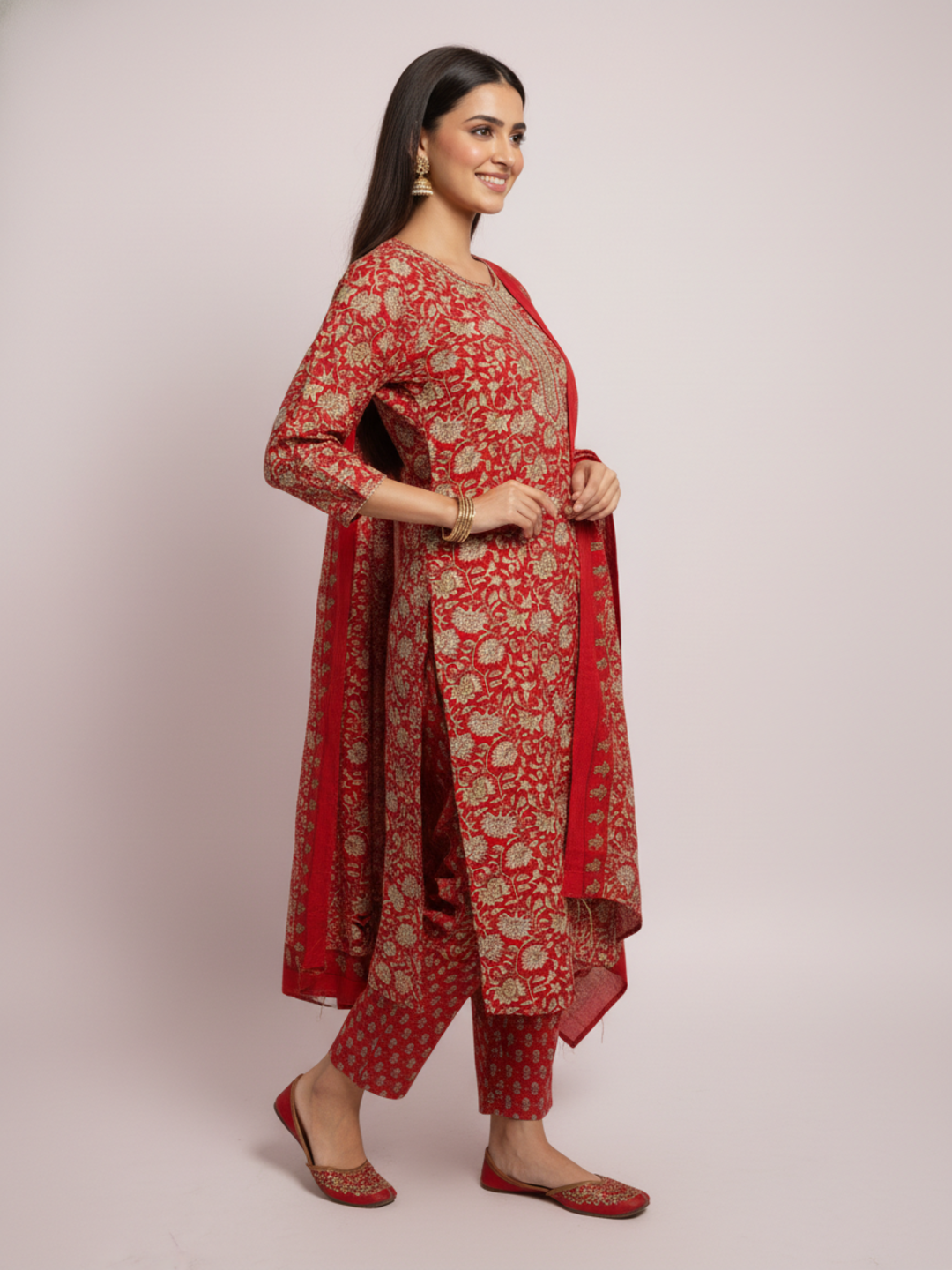 Ethnic Printed Mirror Work & Embroidered Straight Kurta with Pant & Dupatta - Red