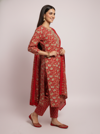 Ethnic Printed Mirror Work & Embroidered Straight Kurta with Pant & Dupatta - Red