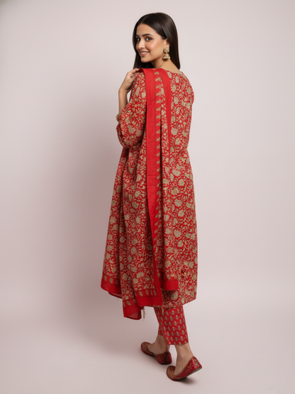 Ethnic Printed Mirror Work & Embroidered Straight Kurta with Pant & Dupatta - Red