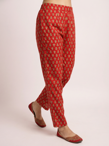 Ethnic Printed Mirror Work & Embroidered Straight Kurta with Pant & Dupatta - Red