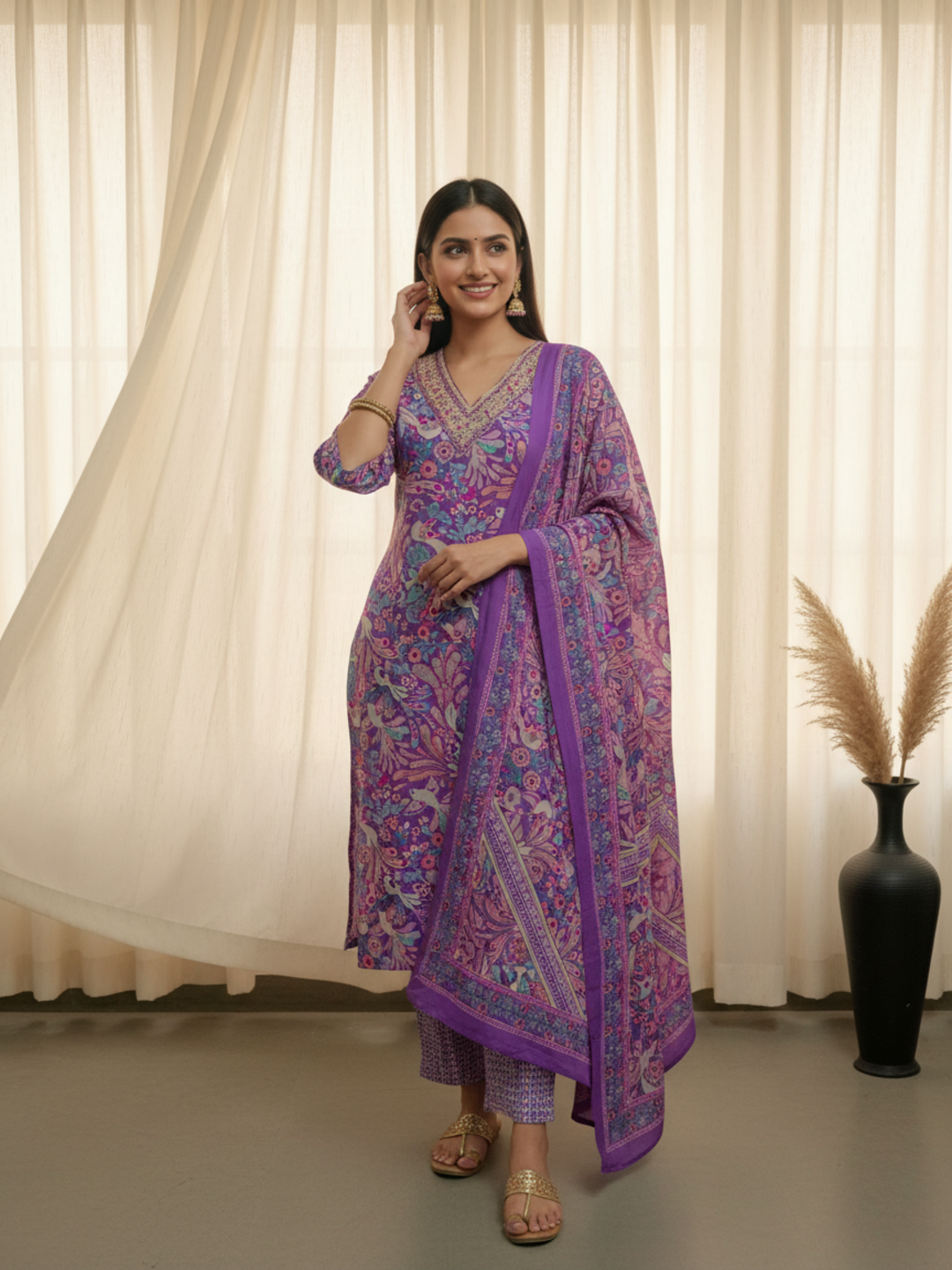 Floral Printed Sequin & Embroidered Straight Kurta with Pant & Dupatta - Purple