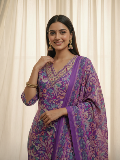 Floral Printed Sequin & Embroidered Straight Kurta with Pant & Dupatta - Purple