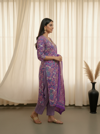 Floral Printed Sequin & Embroidered Straight Kurta with Pant & Dupatta - Purple