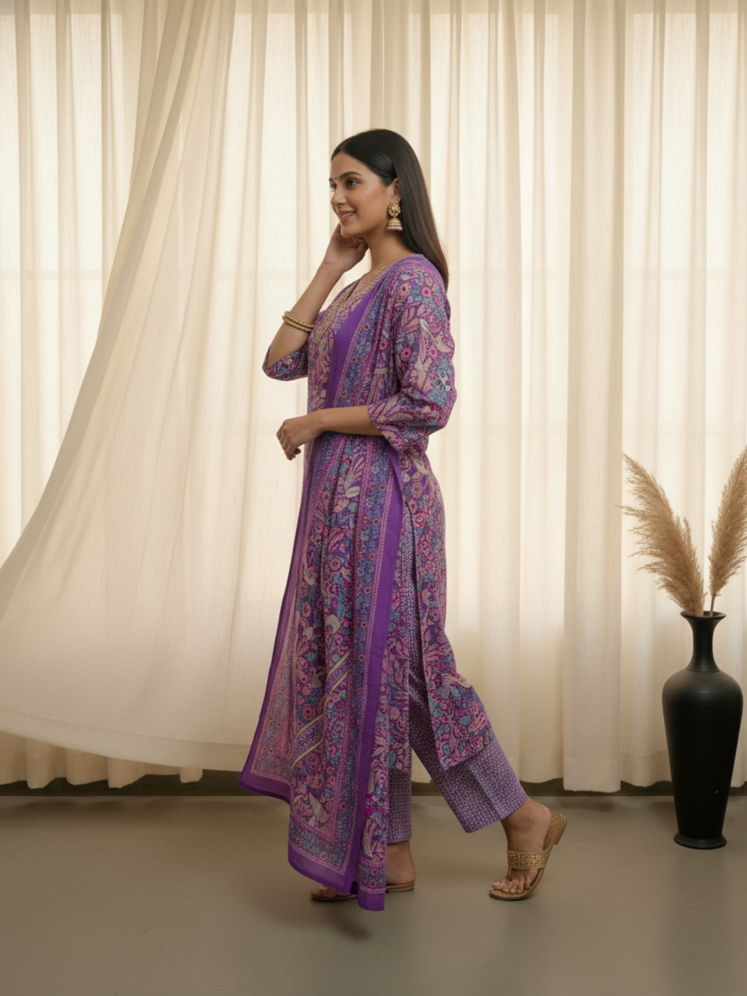 Floral Printed Sequin & Embroidered Straight Kurta with Pant & Dupatta - Purple