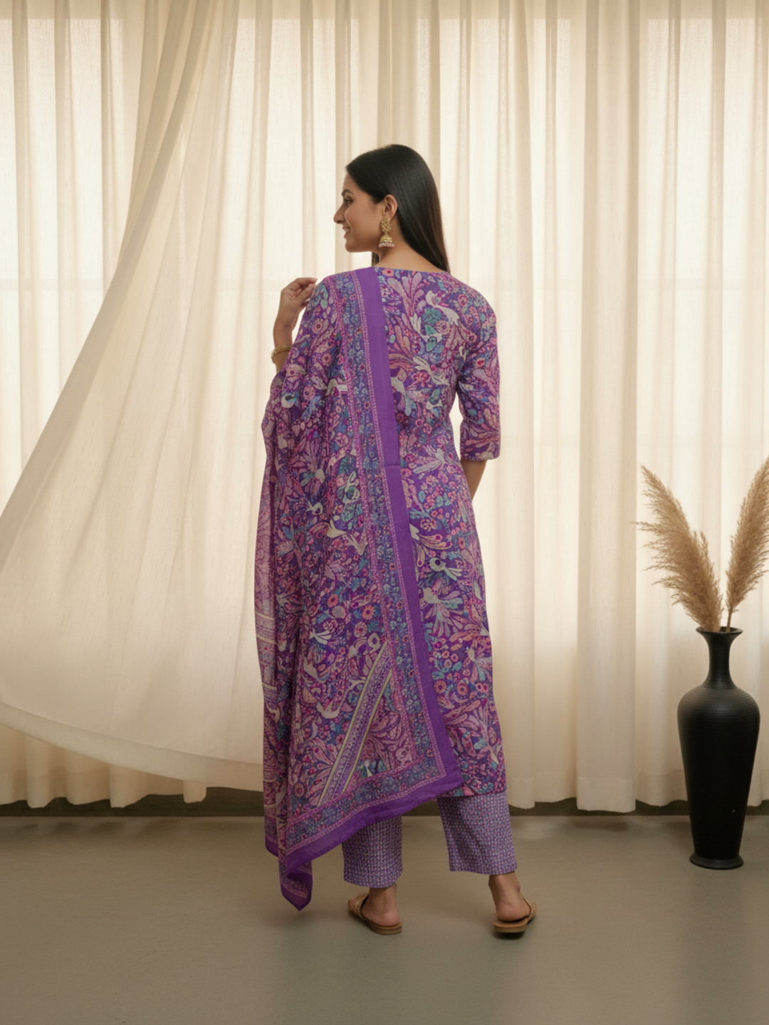 Floral Printed Sequin & Embroidered Straight Kurta with Pant & Dupatta - Purple