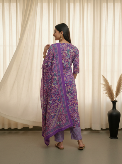 Floral Printed Sequin & Embroidered Straight Kurta with Pant & Dupatta - Purple