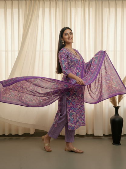 Floral Printed Sequin & Embroidered Straight Kurta with Pant & Dupatta - Purple