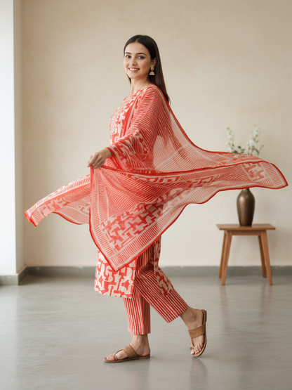 Abstract Printed Mirror Work & Embroidered Straight Kurta with Pant & Dupatta - Rust