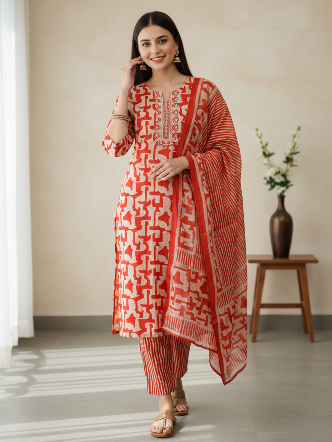Abstract Printed Mirror Work & Embroidered Straight Kurta with Pant & Dupatta - Rust