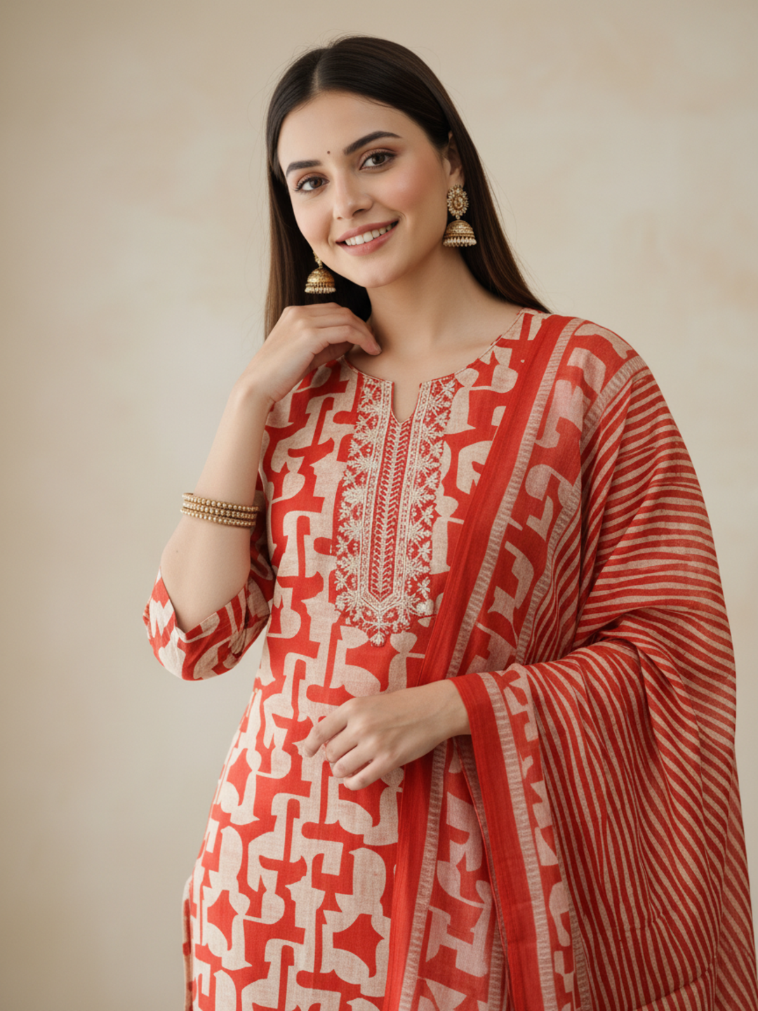 Abstract Printed Mirror Work & Embroidered Straight Kurta with Pant & Dupatta - Rust