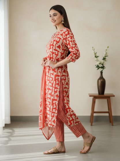 Abstract Printed Mirror Work & Embroidered Straight Kurta with Pant & Dupatta - Rust