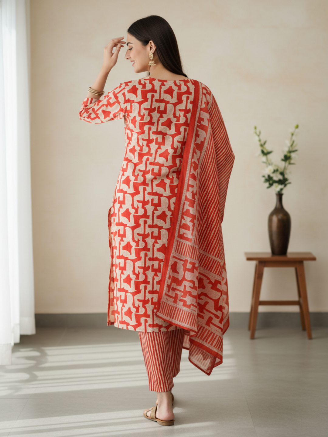Abstract Printed Mirror Work & Embroidered Straight Kurta with Pant & Dupatta - Rust
