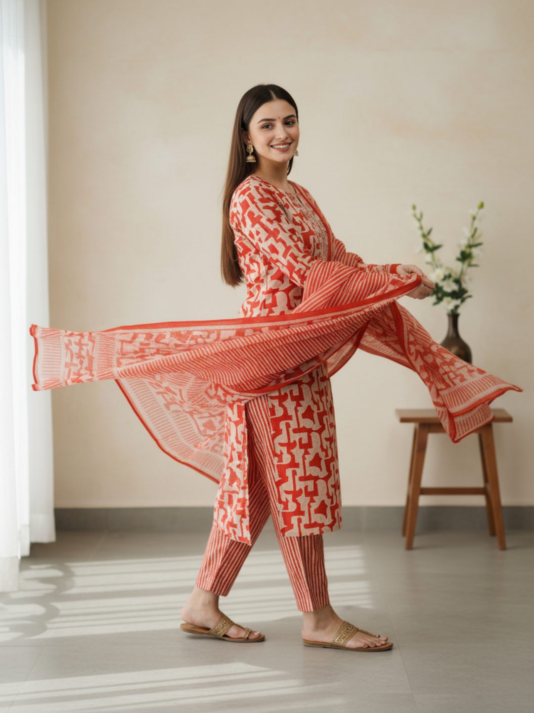 Abstract Printed Mirror Work & Embroidered Straight Kurta with Pant & Dupatta - Rust