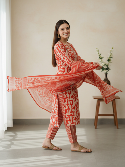 Abstract Printed Mirror Work & Embroidered Straight Kurta with Pant & Dupatta - Rust