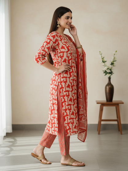 Abstract Printed Mirror Work & Embroidered Straight Kurta with Pant & Dupatta - Rust
