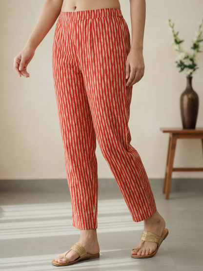 Abstract Printed Mirror Work & Embroidered Straight Kurta with Pant & Dupatta - Rust