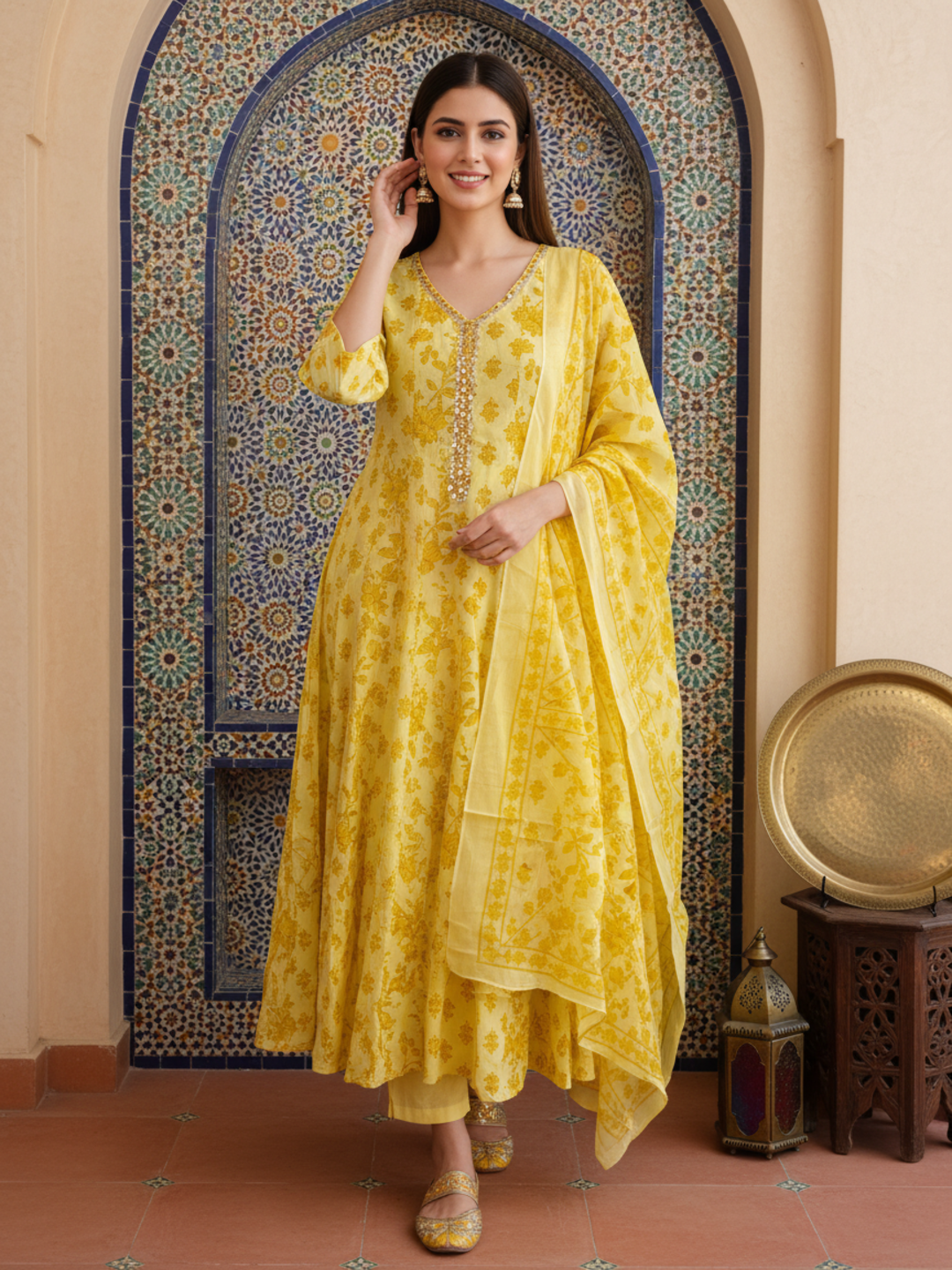 Ethnic Printed Mirror Work & Embroidered Anarkali Kurta with Pant & Dupatta - Yellow