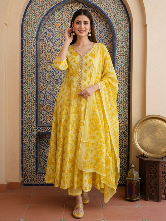 Ethnic Printed Mirror Work & Embroidered Anarkali Kurta with Pant & Dupatta - Yellow