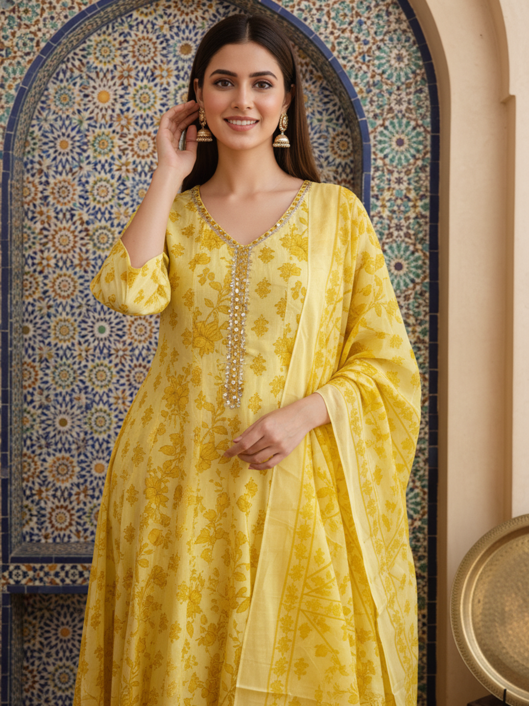 Ethnic Printed Mirror Work & Embroidered Anarkali Kurta with Pant & Dupatta - Yellow