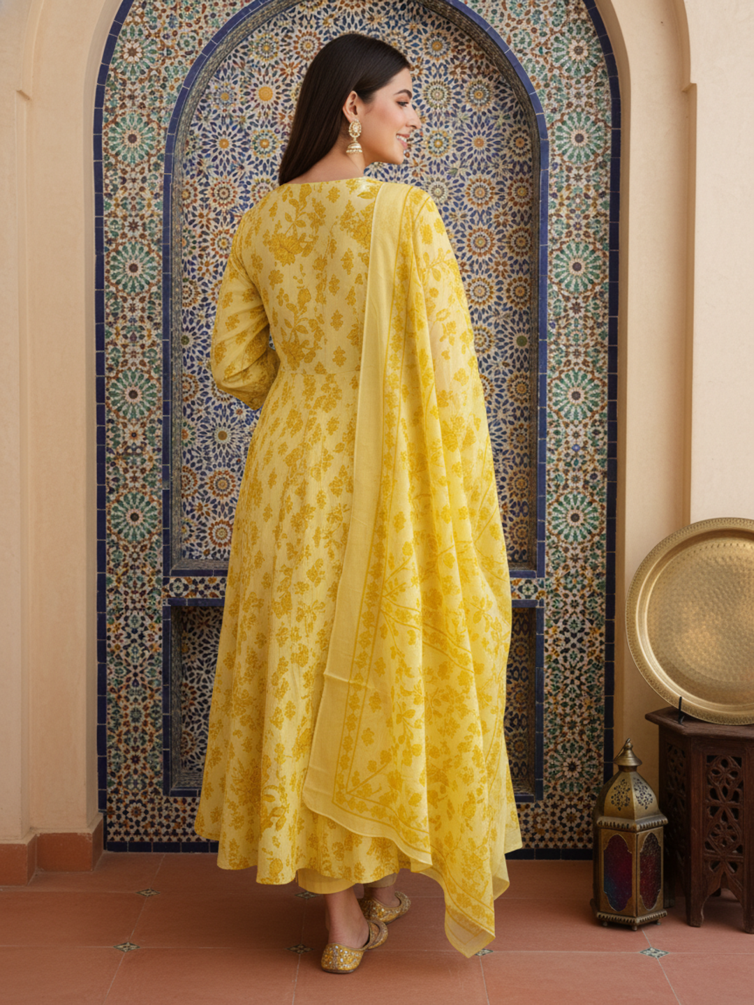 Ethnic Printed Mirror Work & Embroidered Anarkali Kurta with Pant & Dupatta - Yellow