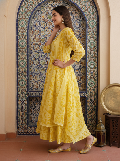 Ethnic Printed Mirror Work & Embroidered Anarkali Kurta with Pant & Dupatta - Yellow