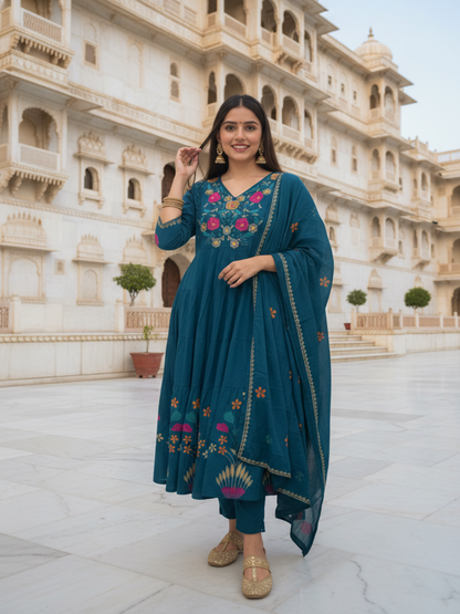 Floral Printed & Solid Embroidered A-Line Kurta with Pant & Dupatta - Blue