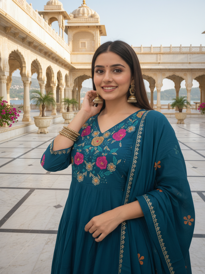 Floral Printed & Solid Embroidered A-Line Kurta with Pant & Dupatta - Blue